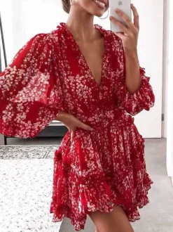 Frill & Back Detail Tiered Mini Dress In Red Floral Print