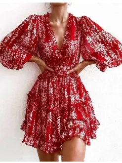 Frill & Back Detail Tiered Mini Dress In Red Floral Print