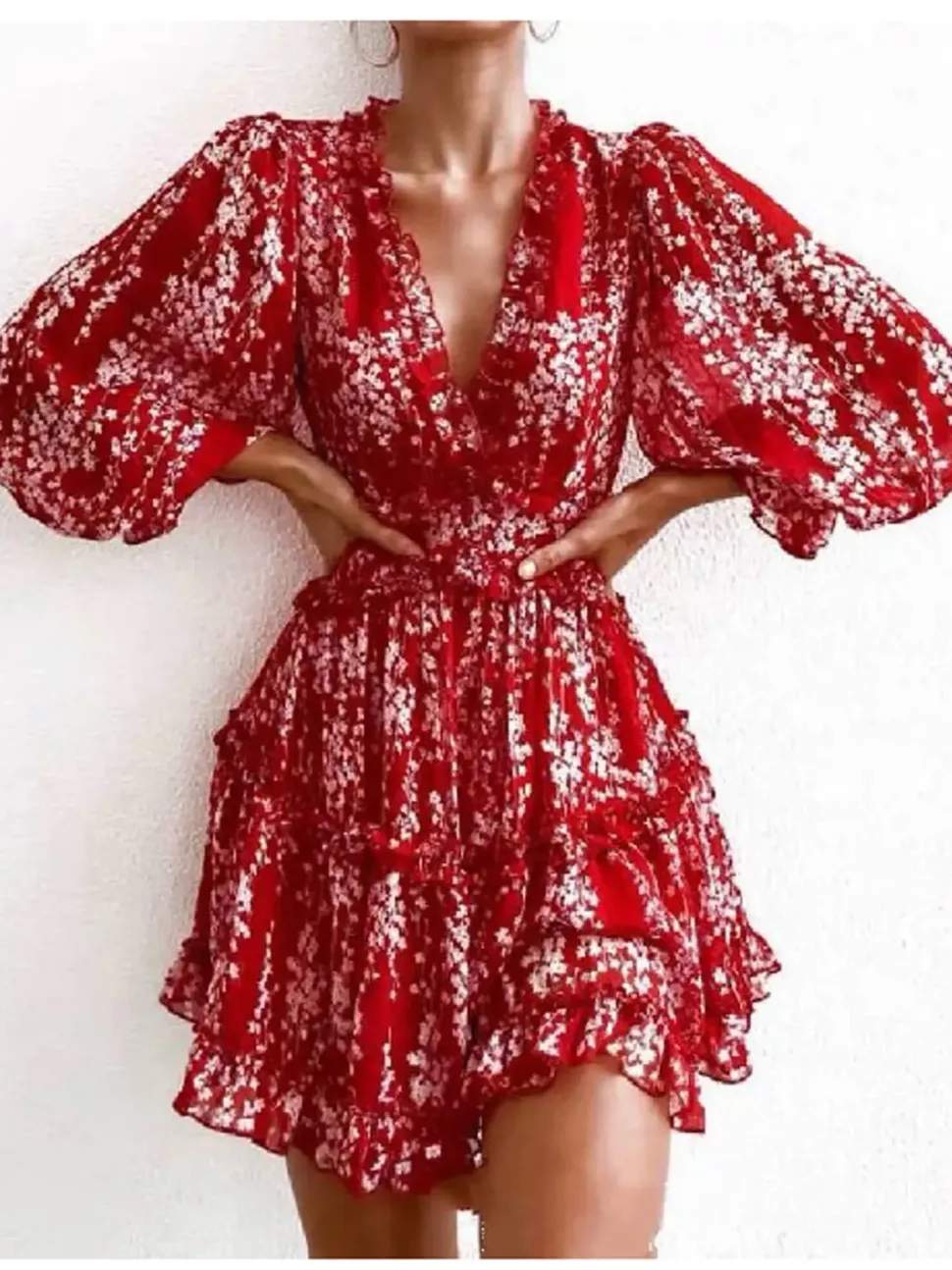 Frill & Back Detail Tiered Mini Dress In Red Floral Print