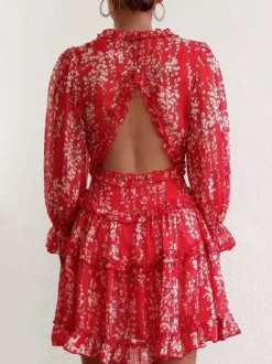 Frill & Back Detail Tiered Mini Dress In Red Floral Print