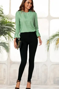 Frill Cuff Long Sleeve Blouse Top In Green Polka Dot