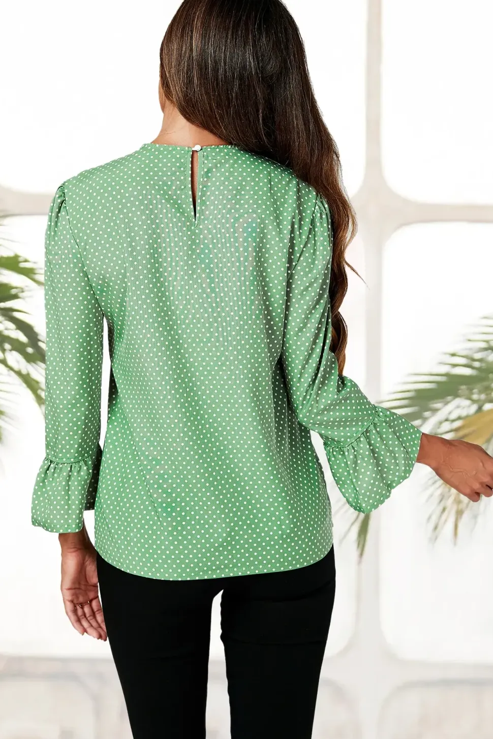 Frill Cuff Long Sleeve Blouse Top In Green Polka Dot