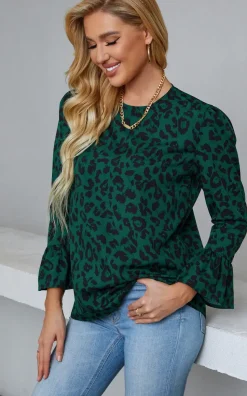 Frill Detail Cuff Top In Green Leopard