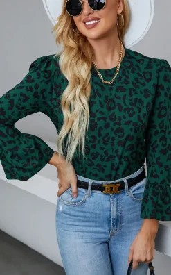 Frill Detail Cuff Top In Green Leopard