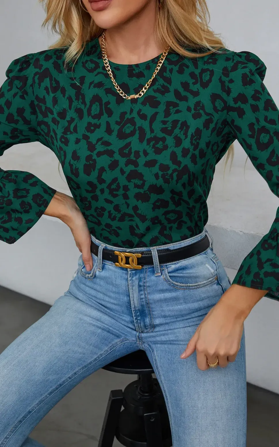 Frill Detail Cuff Top In Green Leopard