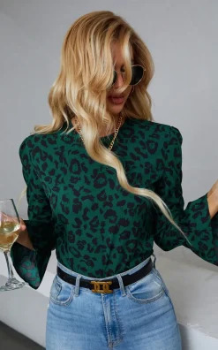 Frill Detail Cuff Top In Green Leopard