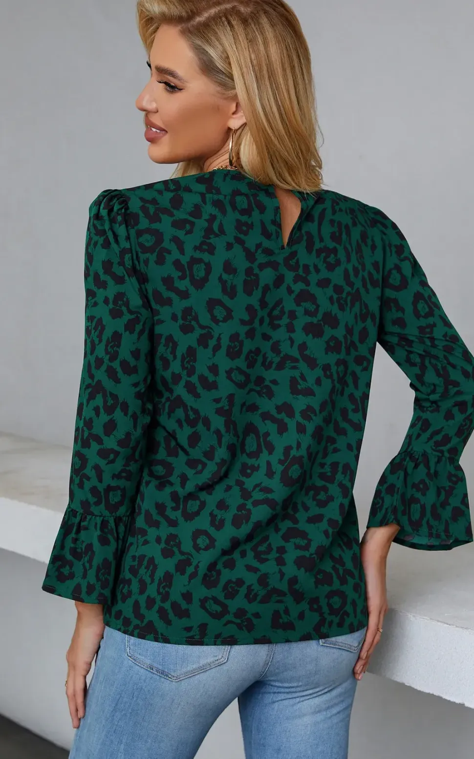 Frill Detail Cuff Top In Green Leopard