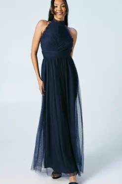 Frill Detail Mesh Halterneck Bridesmaid Dress