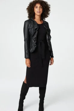 Frilled Front Faux Leather Jacket