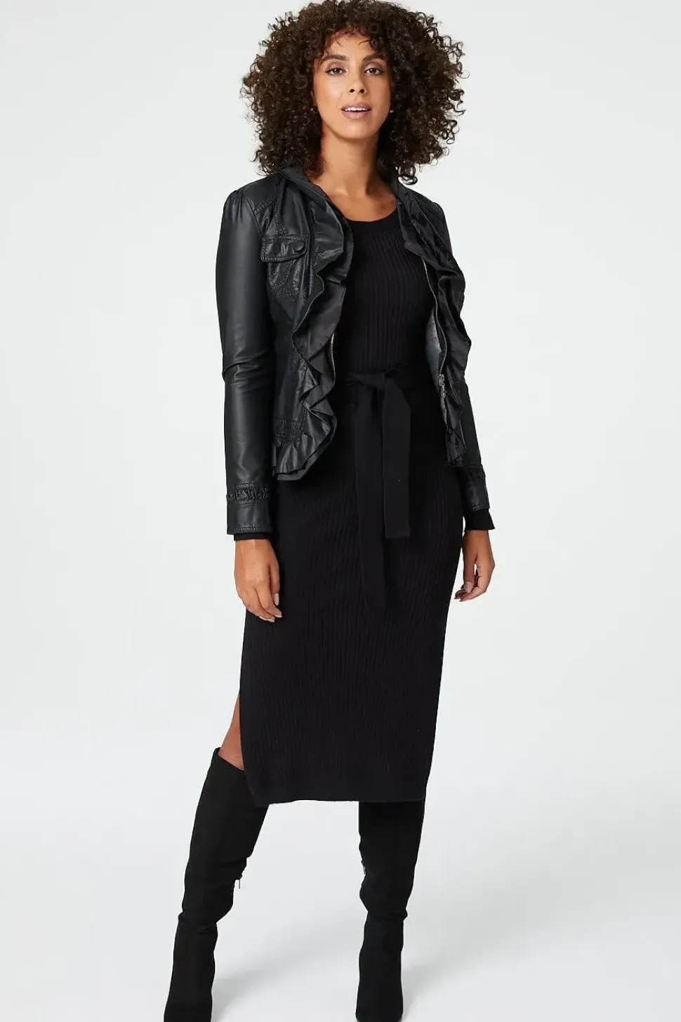 Frilled Front Faux Leather Jacket