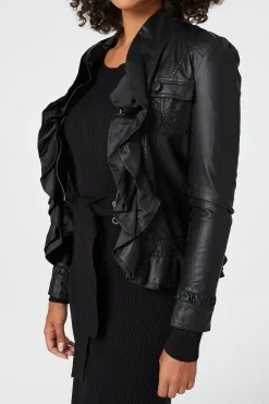 Frilled Front Faux Leather Jacket