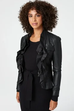 Frilled Front Faux Leather Jacket