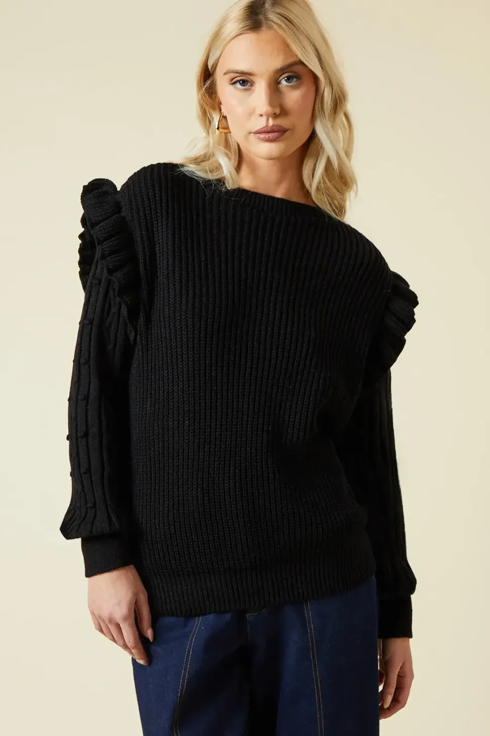 Frill Shoulder Embellished Sleeve Crew Neck Jumper