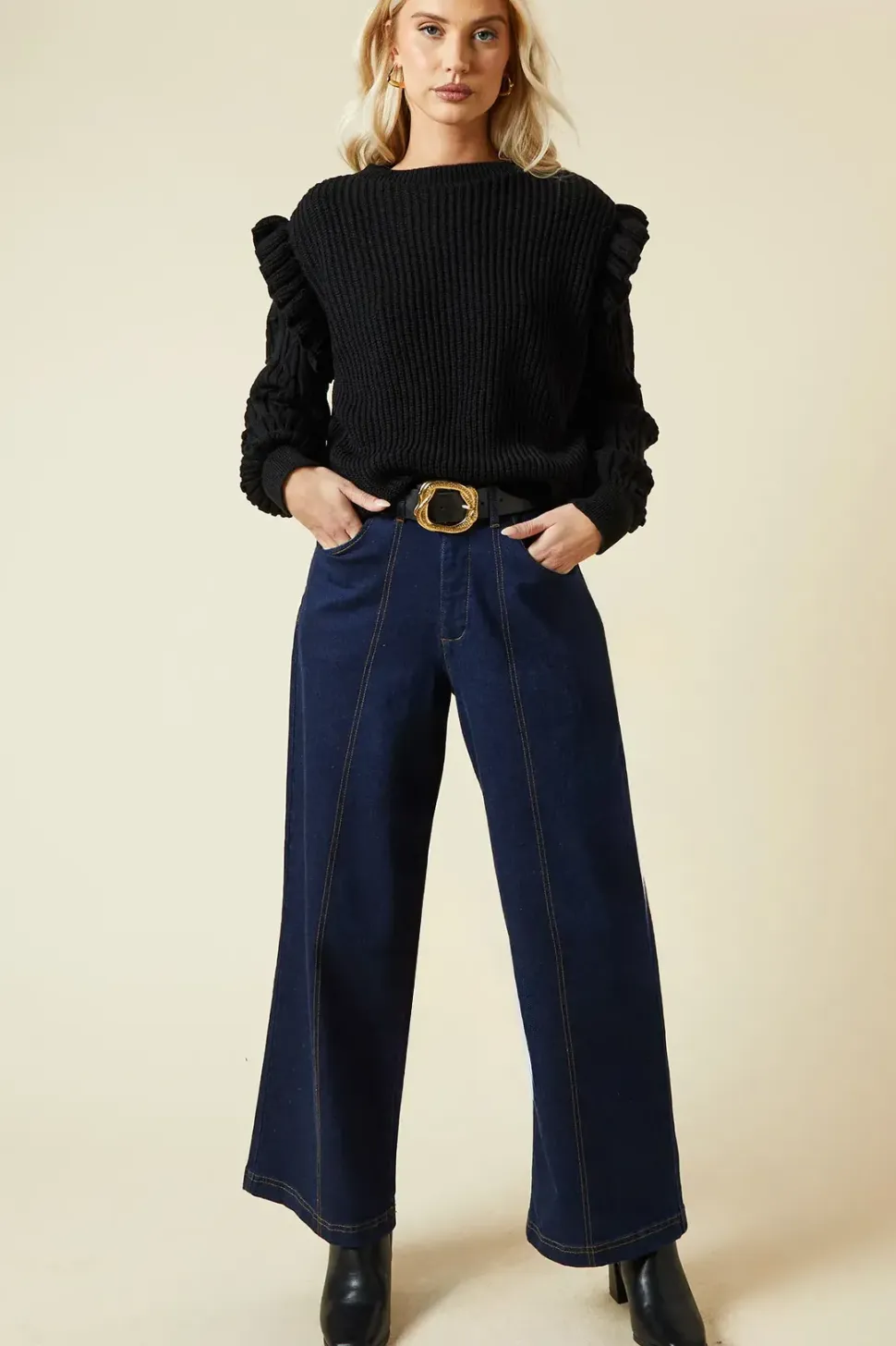 Frill Shoulder Embellished Sleeve Crew Neck Jumper