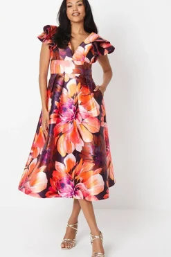 Frill Shoulder Plunge Twill Midi Wedding Guest Dress