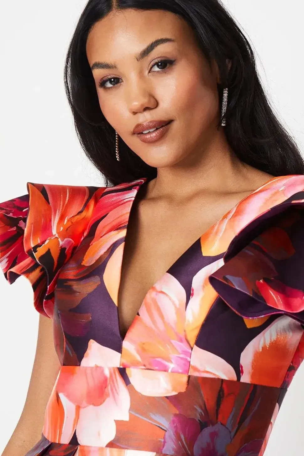 Frill Shoulder Plunge Twill Midi Wedding Guest Dress
