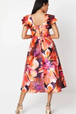Frill Shoulder Plunge Twill Midi Wedding Guest Dress
