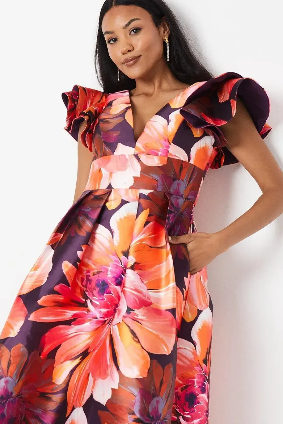 Frill Shoulder Plunge Twill Midi Wedding Guest Dress