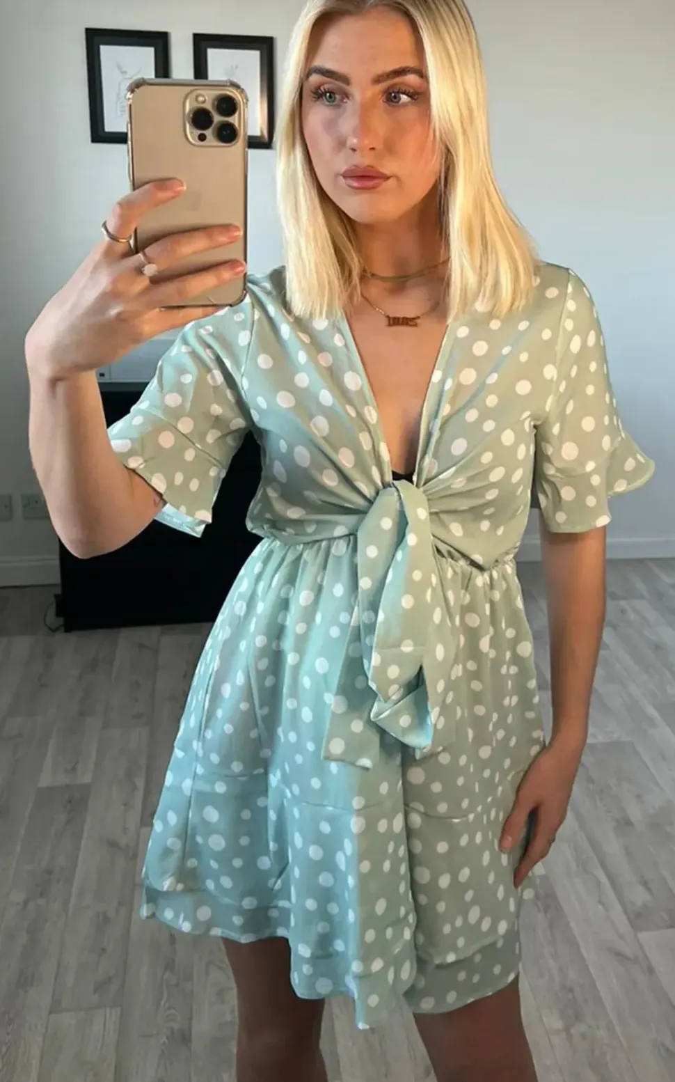 Frill Skater Mini Dress In Mint With Spot Print