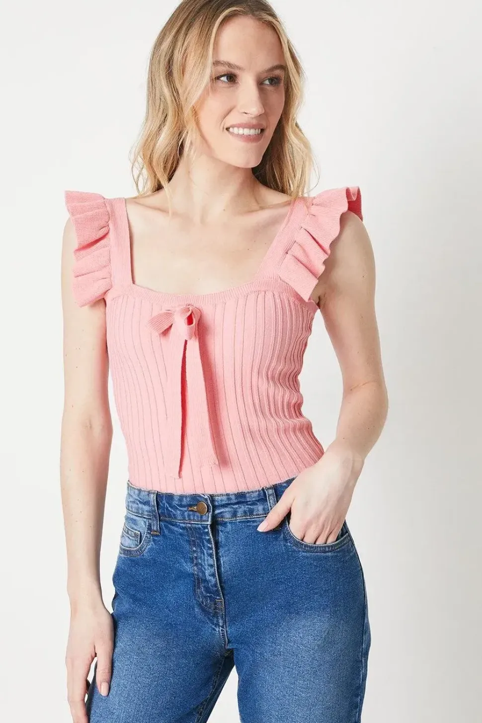 Frill Sleeve Knitted Vest With Tie Detail
