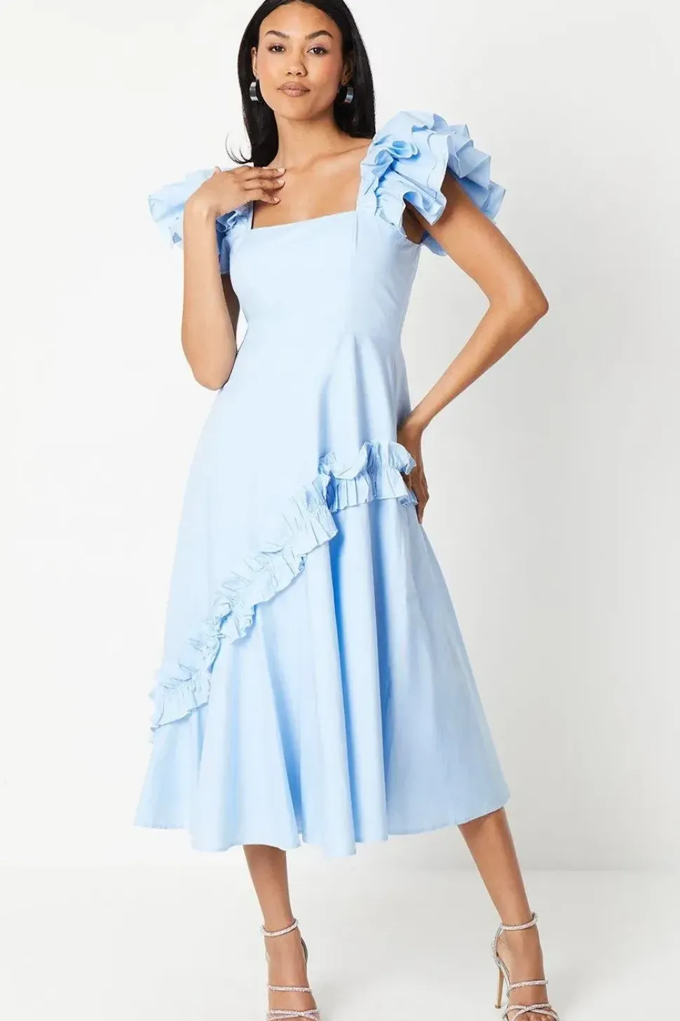 Frill Sleeve Ruffle Skirt Cotton Midi Dress