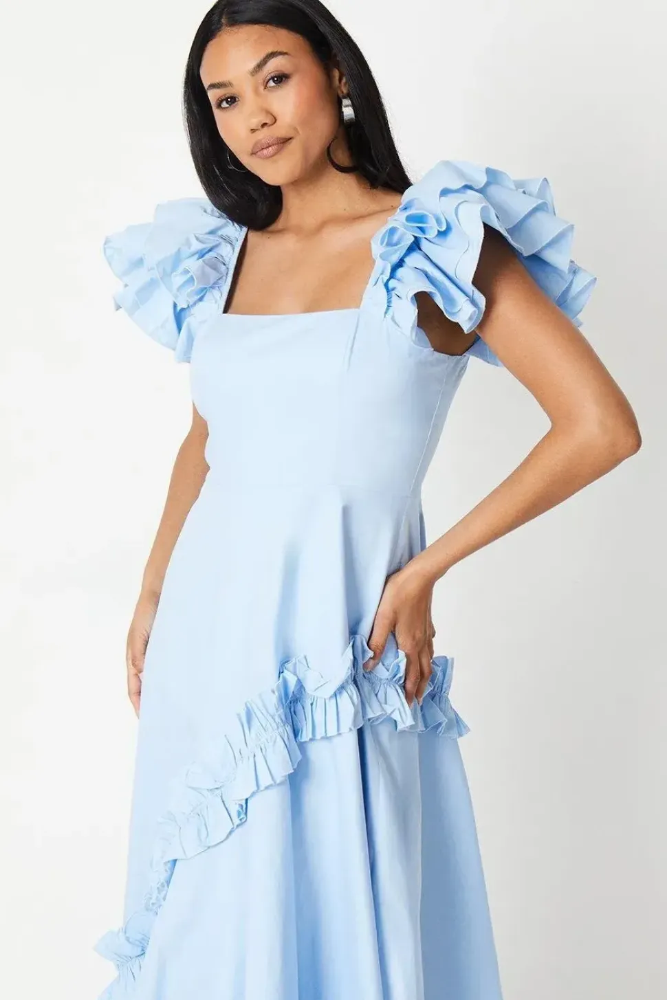 Frill Sleeve Ruffle Skirt Cotton Midi Dress