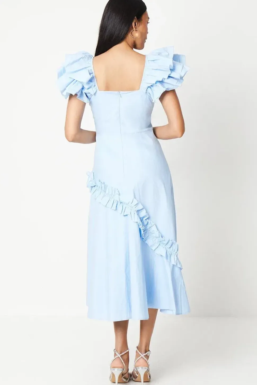 Frill Sleeve Ruffle Skirt Cotton Midi Dress