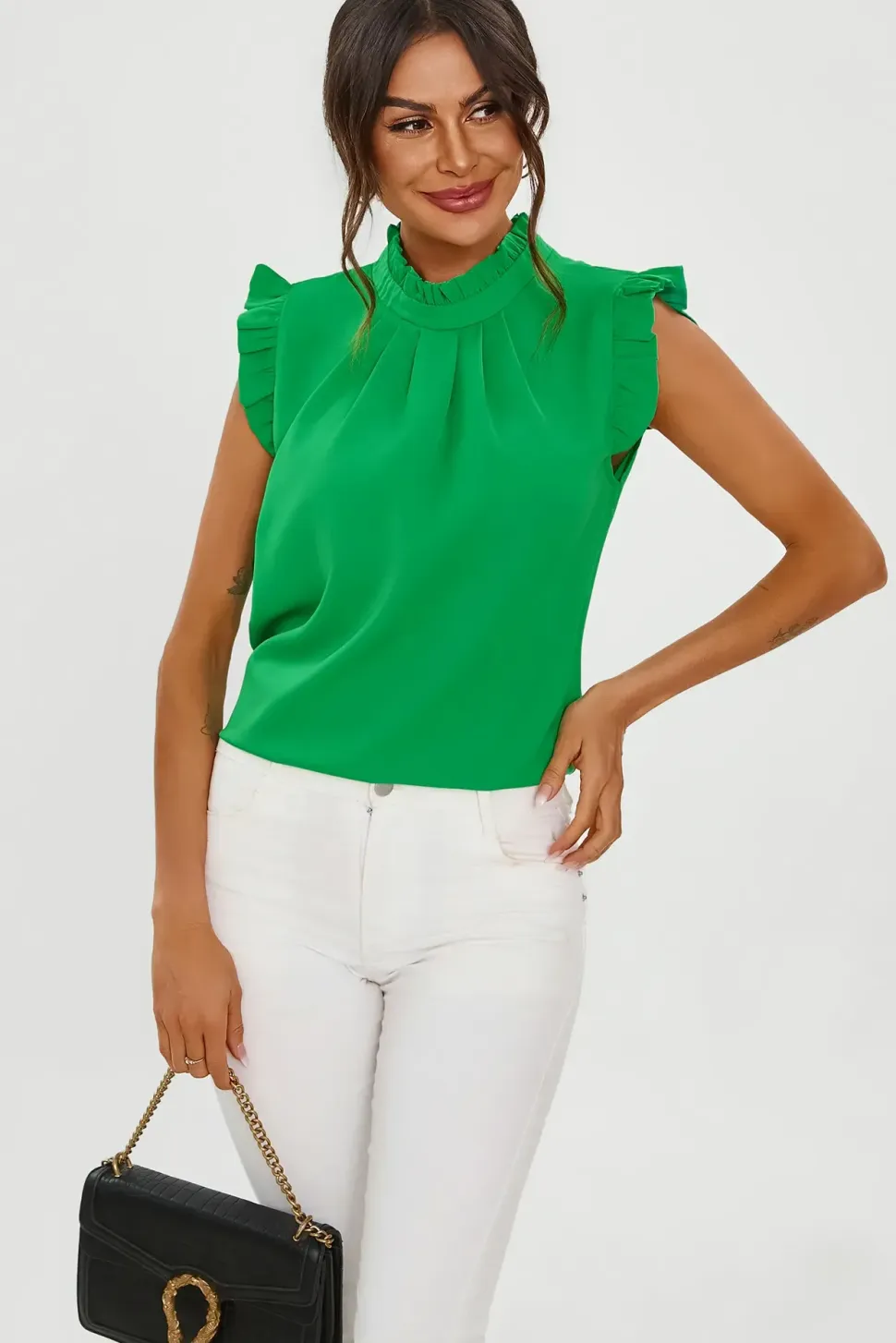 Frill Trim Sleeve High Neck Blouse Top In Light Green