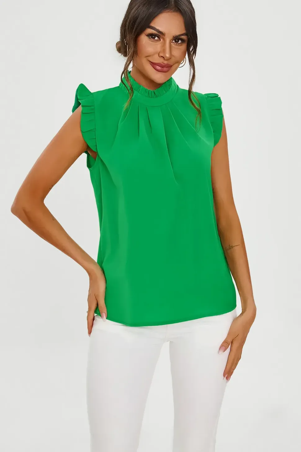 Frill Trim Sleeve High Neck Blouse Top In Light Green