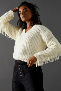 Fringed Back V Neck Jumper