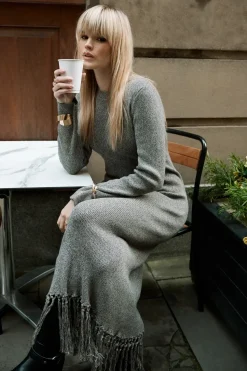 Fringed Hem Knitted Maxi Dress