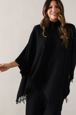 Fringe Hem High Neck Poncho