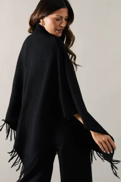 Fringe Hem High Neck Poncho