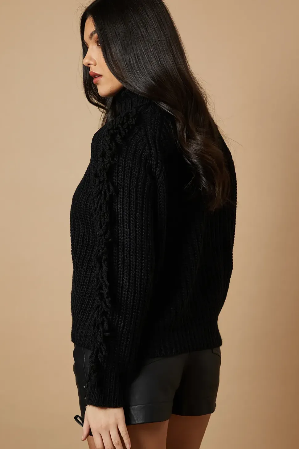 Fringe Sleeve Roll Neck Cropped Jumper