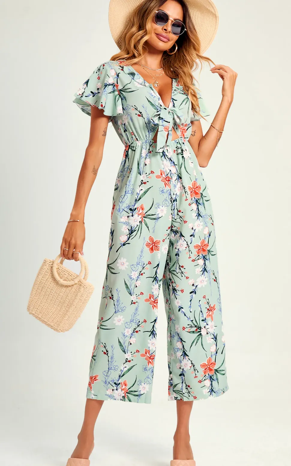 Frola Print Angel Sleeve Culotte Jumpsuit In Blue