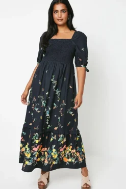 Fruit Placement Print Poplin Shirred Midi Dress