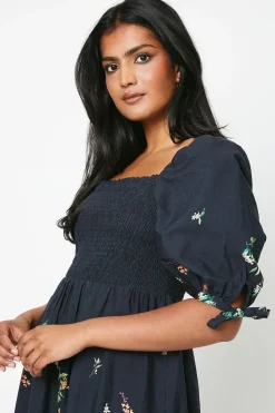 Fruit Placement Print Poplin Shirred Midi Dress
