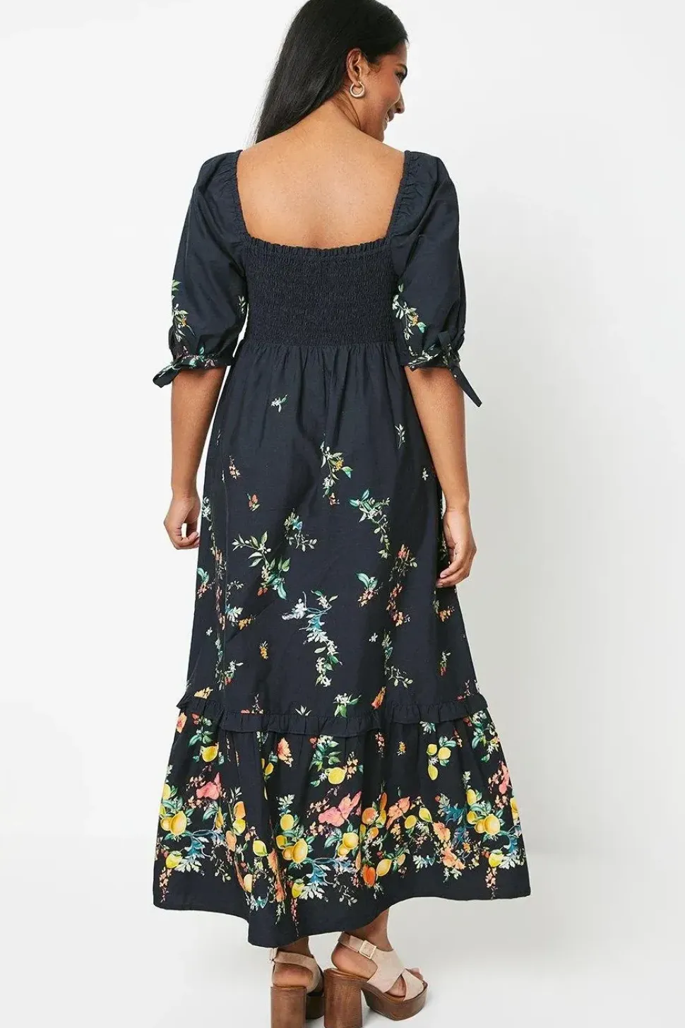 Fruit Placement Print Poplin Shirred Midi Dress