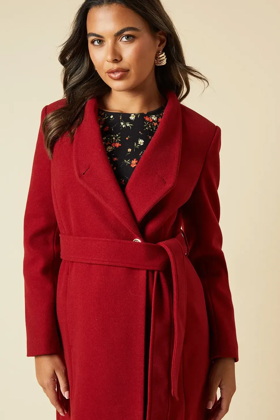 Funnel Neck Midi Belted Coat