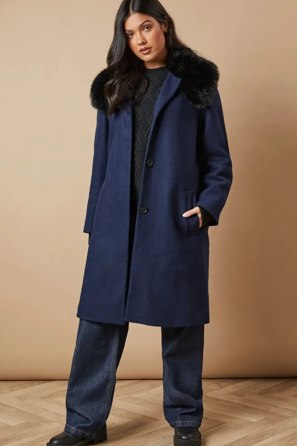 Fur Collar Button Through Coat