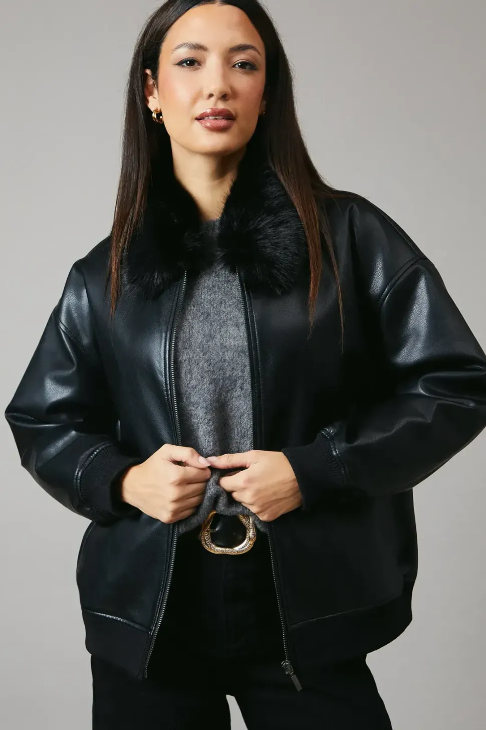 Fur Collar Faux Leather Bomber