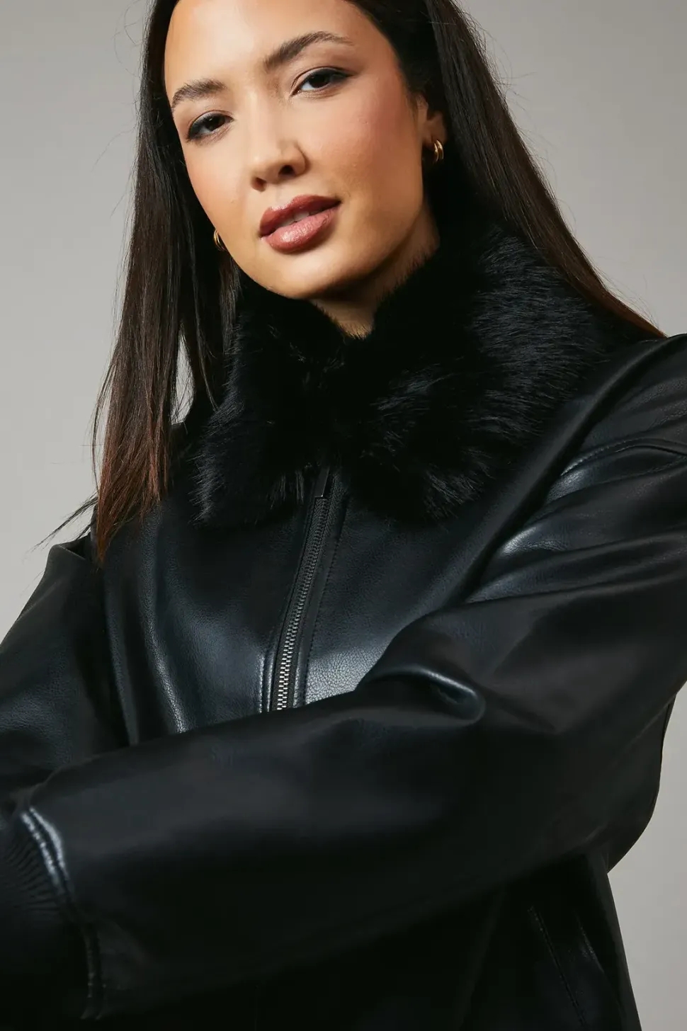 Fur Collar Faux Leather Bomber