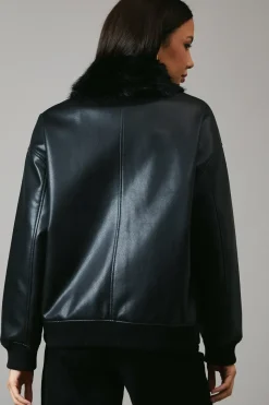 Fur Collar Faux Leather Bomber