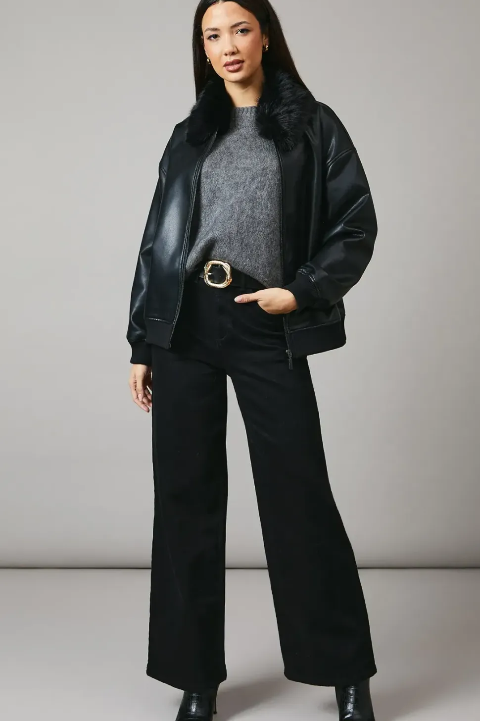 Fur Collar Faux Leather Bomber