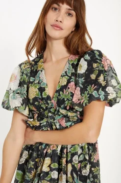 Garden Floral Metallic Tie Front Mini Dress