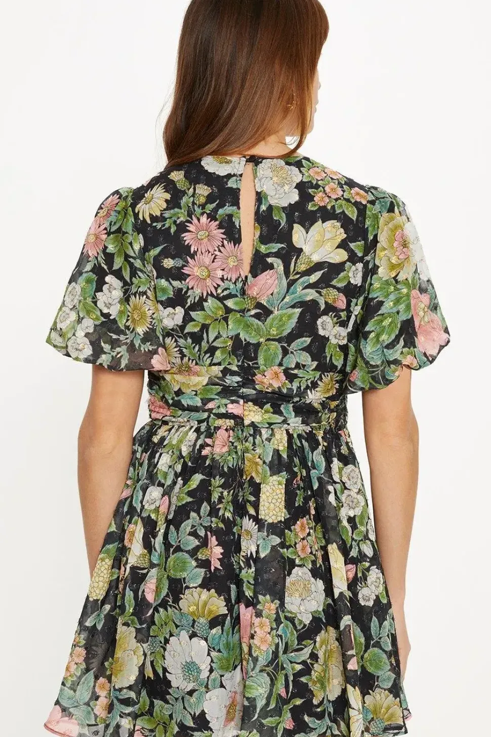Garden Floral Metallic Tie Front Mini Dress
