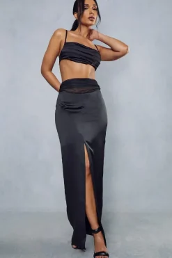 Gathered Mesh Satin Split Front Maxi Skirt