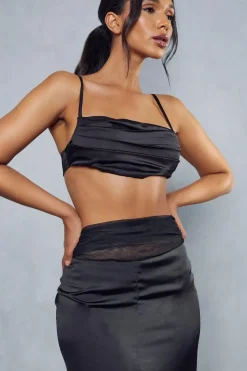 Gathered Mesh Satin Split Front Maxi Skirt