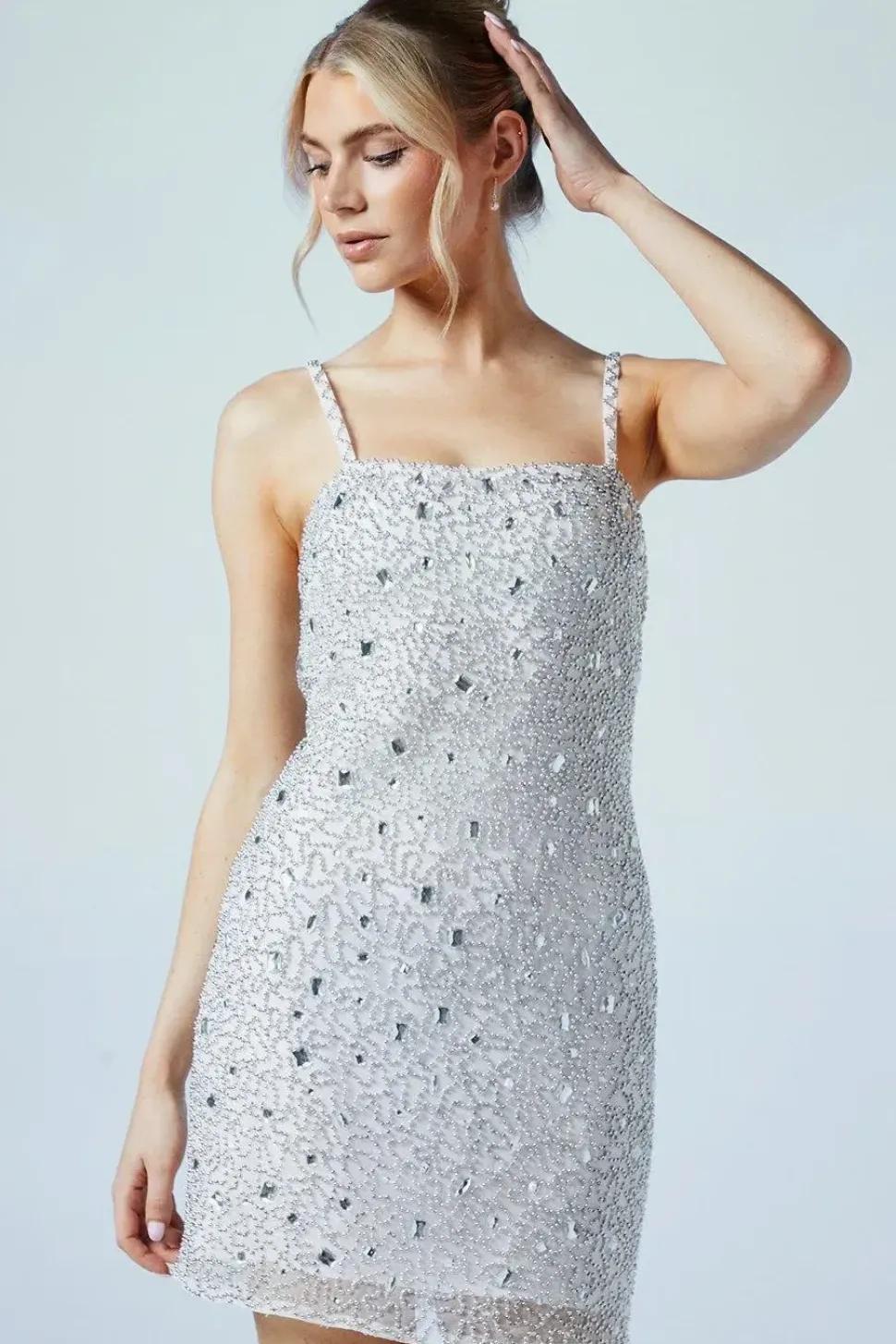 Gem Detail Square Neck Mini Wedding Dress