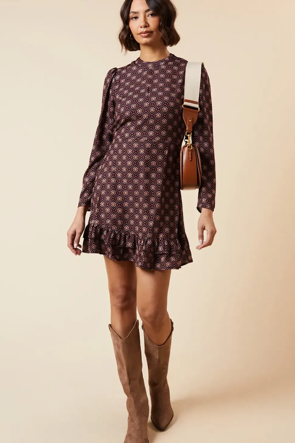 Geo Frill Hem Mini Dress